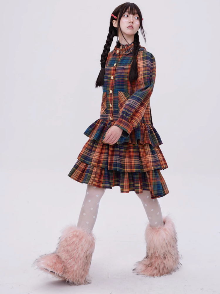 Retro Cute Fluffy Cake Rabbit Ear Plaid Dress【s0000003184】