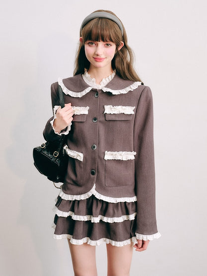 Lace Stitch College Taste Jacket &amp; Puffy Mini Skirt【s0000003853】