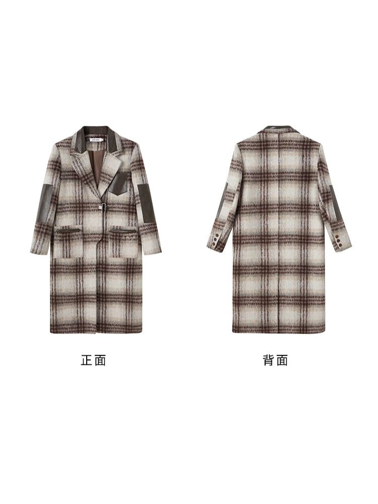 Retro Literary Patchwork Leather Tweed Padlock Coat【s0000004877】