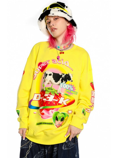 Y2K American Retro Super Acid Milk Print Loose Sweat & Cow Hat【s0000003887】