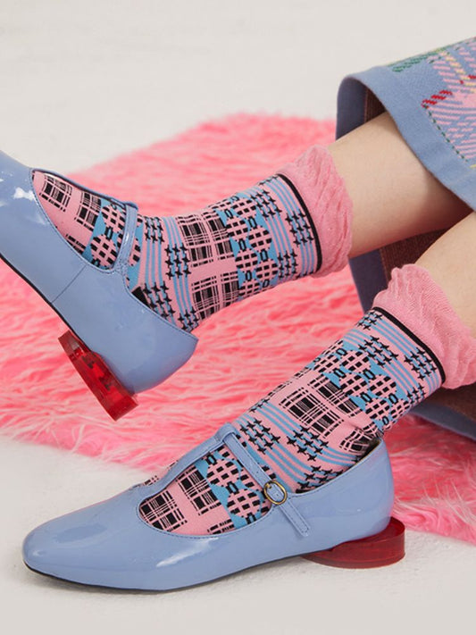 Pink and Black Deformed Plaid Socks【s0000002094】 