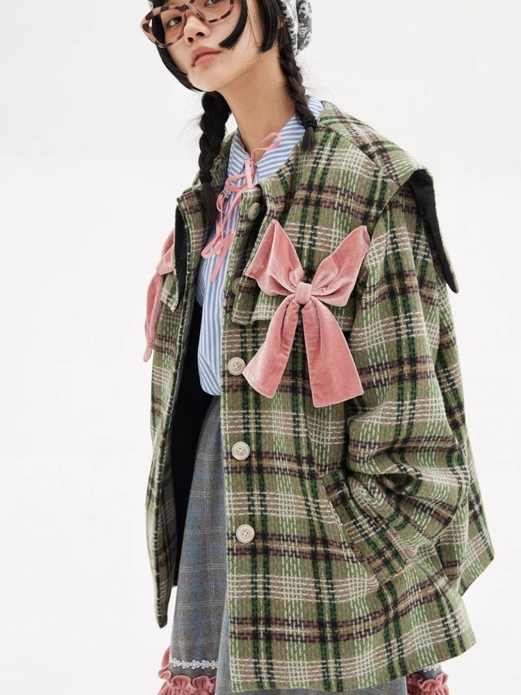 Christmas Japanese retro sweet cute coat niche girls plaid tweed jacket【s0000004260】