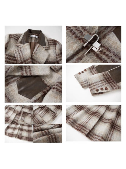 Retro Literary Patchwork Leather Tweed Padlock Coat【s0000004877】