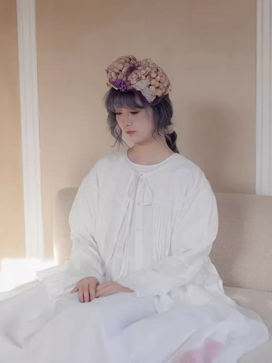 Wide Hem Bow Lace Long Sleeve Shirt【s0000007940】