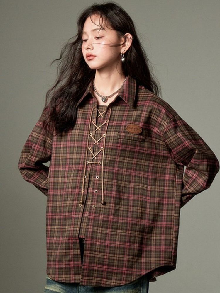 Casual Lace-Up Strap Retro Plaid Loose Shirt【s0000003198】