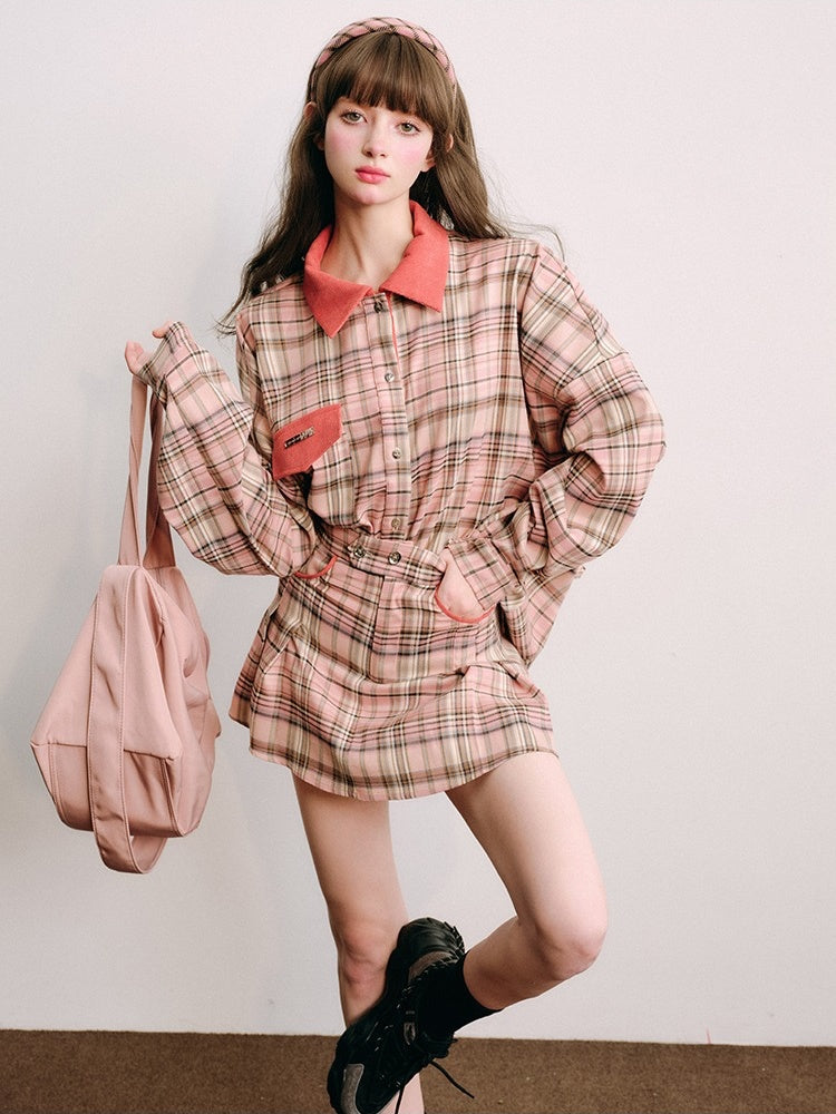 Loose Plaid Shirt & Pleated Mini Skirt【s0000003852】