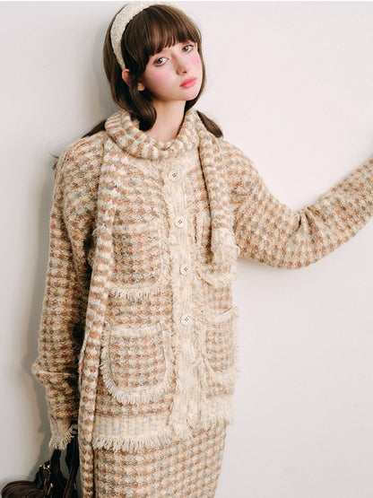 Knitted Fringe Cardigan Jacket With Stole &amp; Long Skirt【s0000003854】