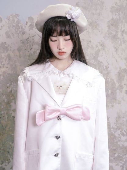 Cat / Angel Print Heart Ribbon Lace Jacquard Sailor Collar Jacket【s0000003814】