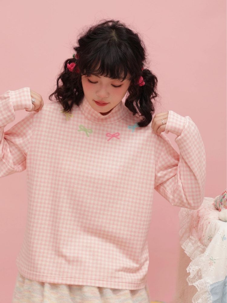 Retro Girl Colorful Bow Plaid Bottom Shirt【s0000004289】