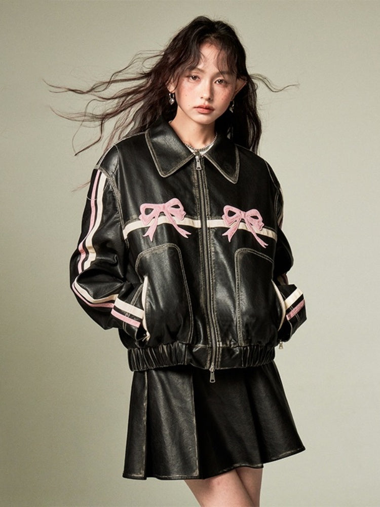 Bowknot Retro Color Painted Leather Jacket【s0000003185