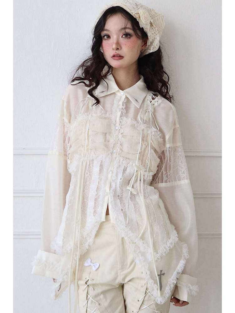 Lace-Up Crosses Embroidery Chiffon Lace Trim Shirt [s0000008151]