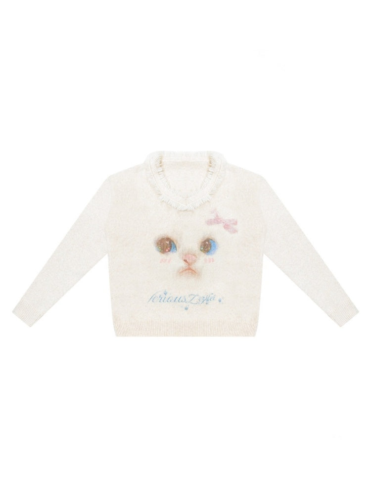 Cat Pattern Plush Collar Lazy Style Soft Waxy Sweater【s0000015261】