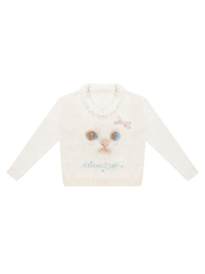 Cat Pattern Plush Collar Lazy Style Soft Waxy Sweater【s0000015261】