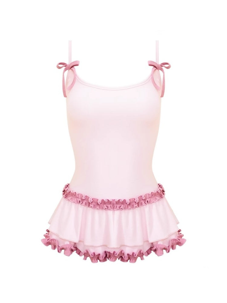 Ruffle Lace Pleated Hem Bow Camisole【s0000013008】
