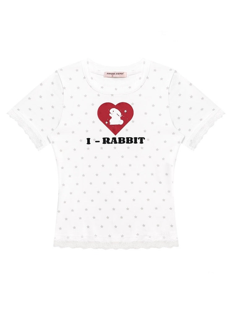 Polka Dot Star Heart Rabbit Print Crew Neck Short Sleeve T-Shirt【s0000013012】