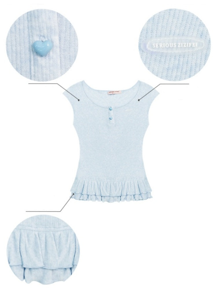 Ruffle Hem Henley Neck French Sleeve T-Shirt 【s0000013006】