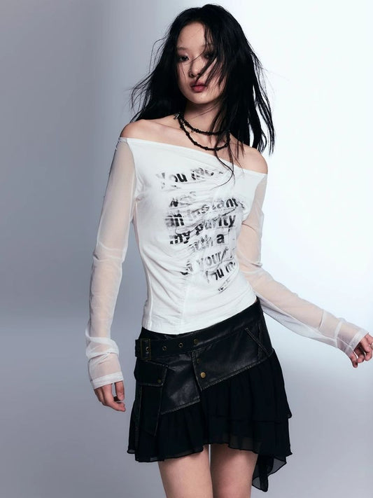 One shoulder spliced mesh long sleeve t-shirt【s0000007908】