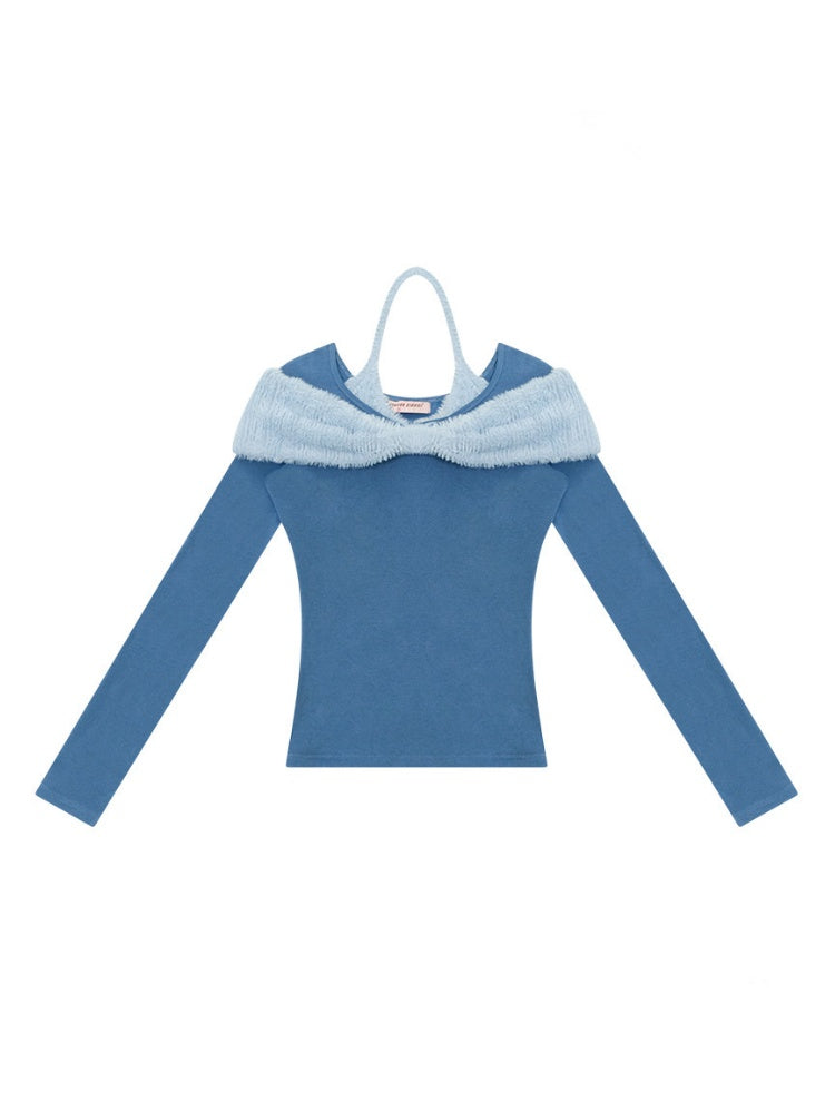 Bow Slim Top Plush Halter-Neck Knitted Base Shirt【s0000015264】