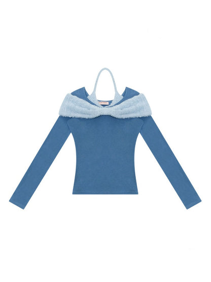 Bow Slim Top Plush Halter-Neck Knitted Base Shirt【s0000015264】