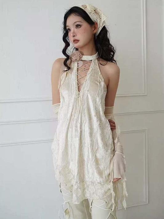 Lace-Up Flower Halter Neck Backless Tops &amp; Sleeves Set【s0000008156】