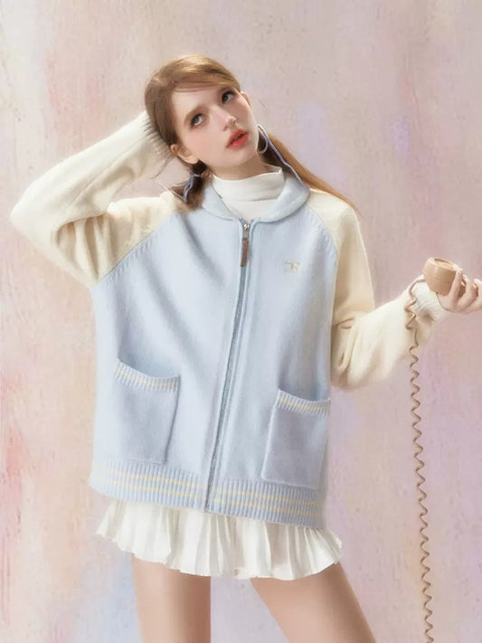 Color Contrast Knit Zipper Stadium Jacket [s0000006471]