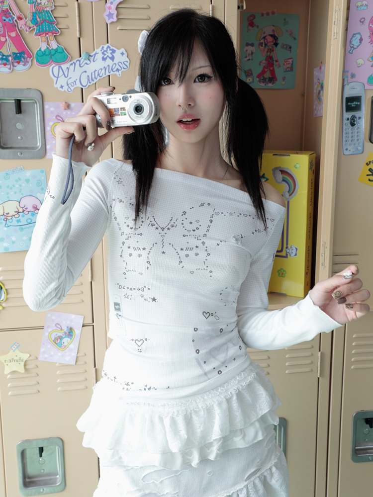 Y2K Sweet Spicy Butterfly Off Shoulder Long Sleeve Tee [S0000008548]