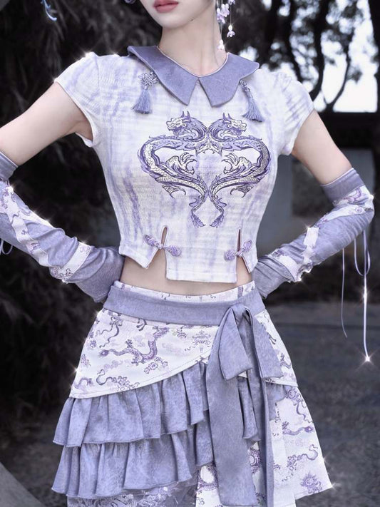 Chinese Style Dragon Print Stretch Knit T-Shirt【s0000009043】