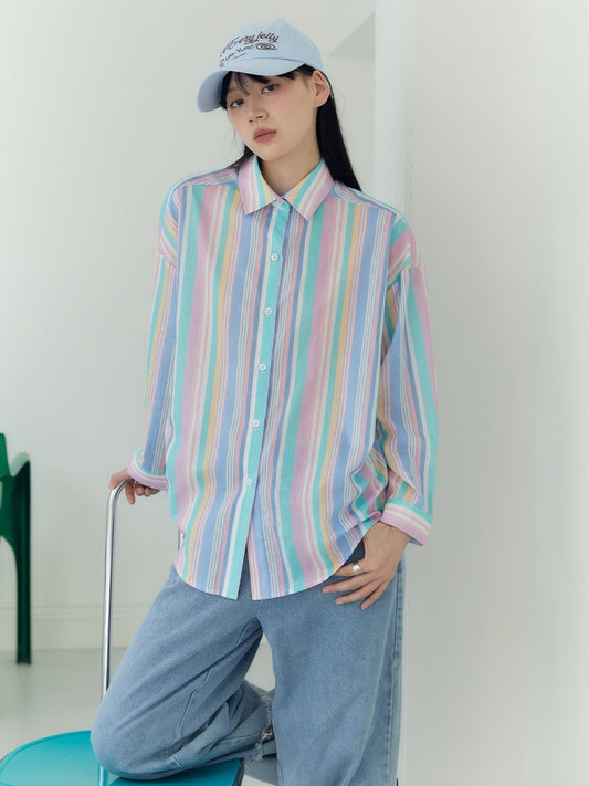 Candy Striped Boyfriend Style Shirt【s0000003581】