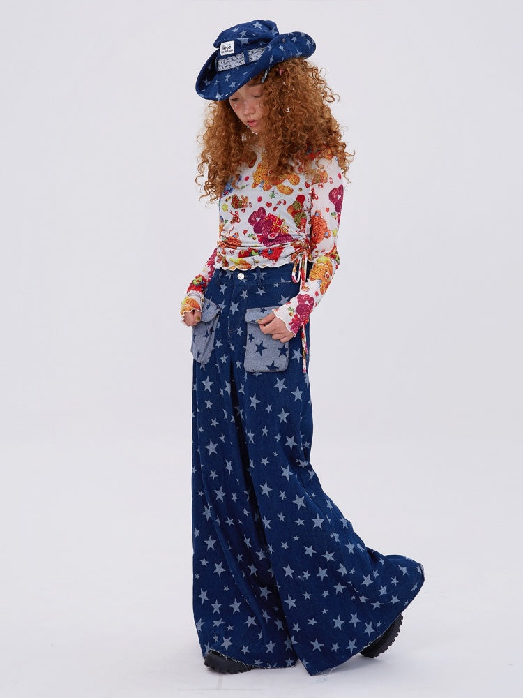 Retro Cute Y2K Star Pattern Wide Leg Loose Mop Jeans Pants [s0000003179]