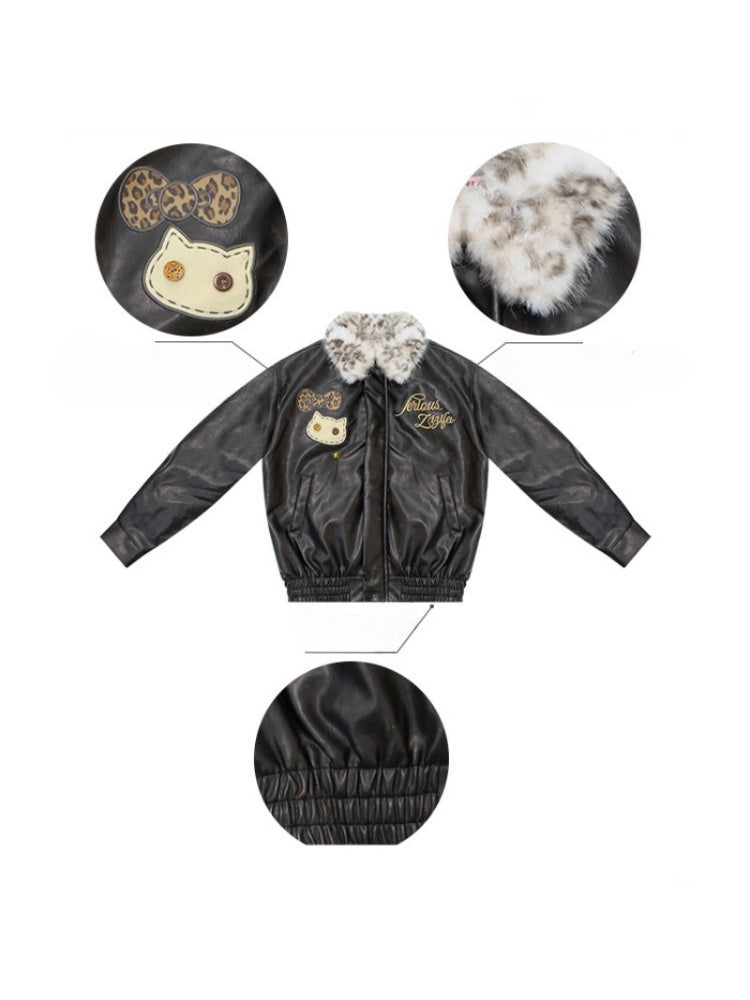 Fur Collar Thickened Leopard Print Plush PU Leather Jacket【s0000015259】