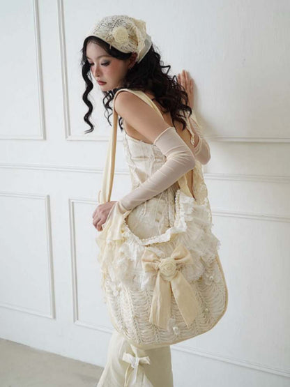 Bead & Butterfly Bowknot Canvas Ruffle Trim Crossbody Bag【s0000008158】