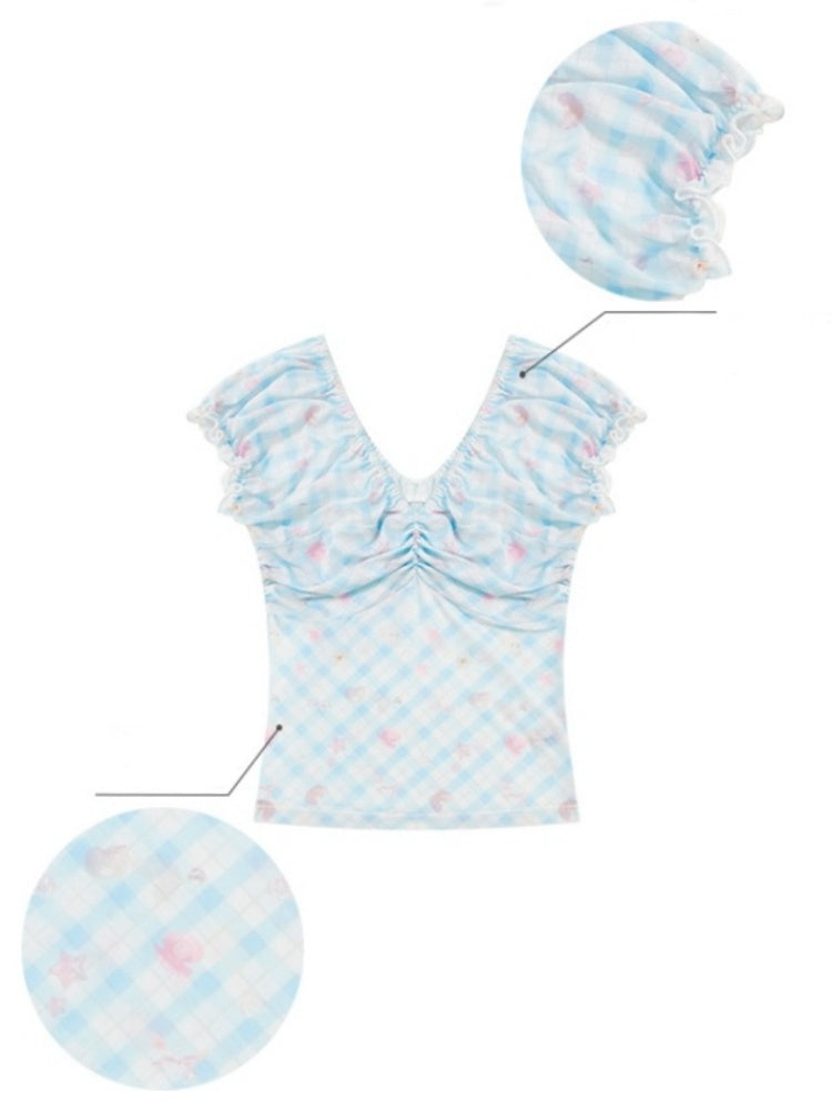 Big Gather V-Neck Plaid Puff Sleeve T-Shirt【s0000013005】