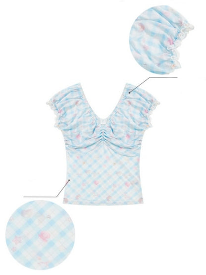 Big Gather V-Neck Plaid Puff Sleeve T-Shirt【s0000013005】