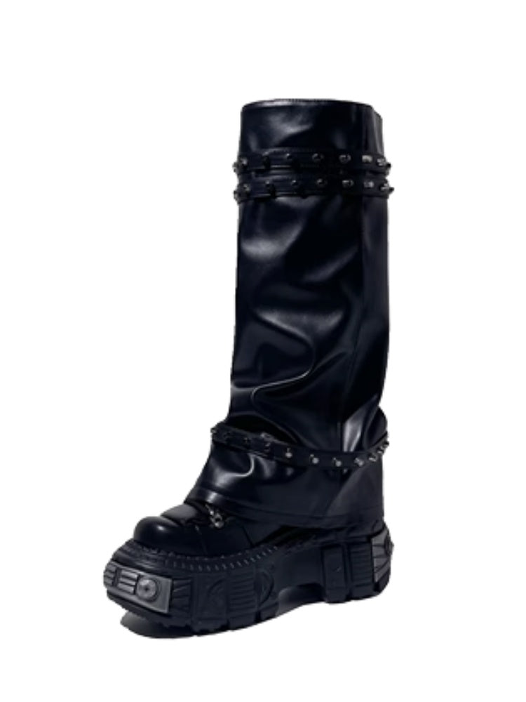 Y2K Retro Punk Style Eyelet Triple Belt Volume Sole Long Tube Boots【s0000005191】