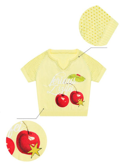 Cut Out Crop Cherry Print V-Neck Short Sleeve T-Shirt【s0000013007】