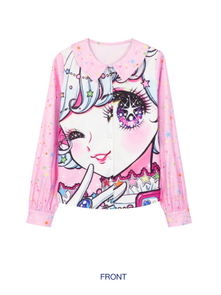 Shimizu Illustration Big Eyes Cute Girl Star Pattern Shirt【s0000003662】