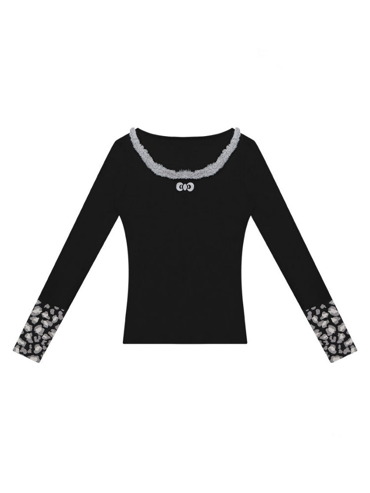 Leopard Print Cuff Long Sleeve T-Shirt Slimming Crew Neck Knitted Base Shirt【s0000015263】