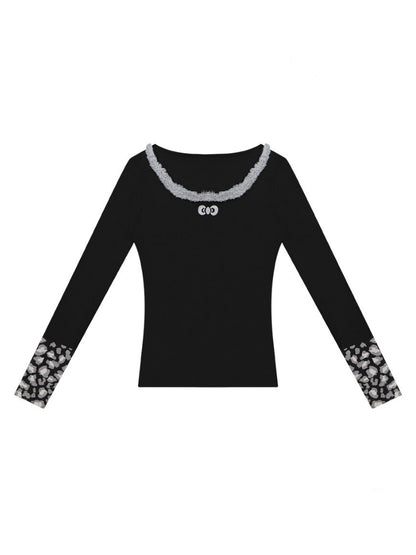 Leopard Print Cuff Long Sleeve T-Shirt Slimming Crew Neck Knitted Base Shirt【s0000015263】