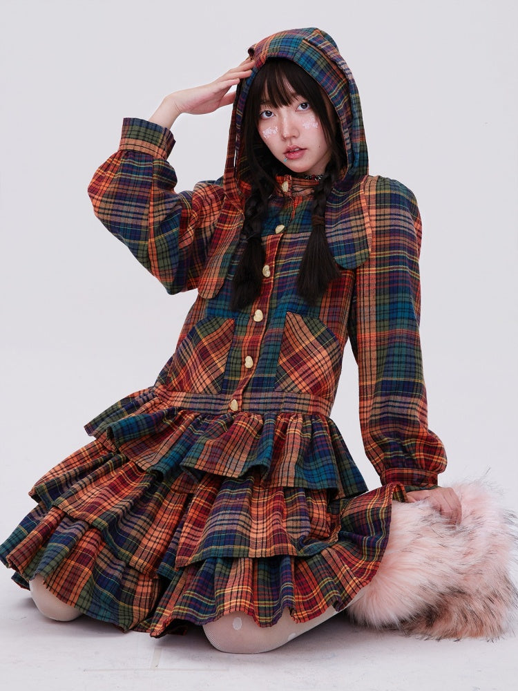 Retro Cute Fluffy Cake Rabbit Ear Plaid Dress【s0000003184】