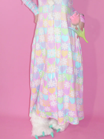 Flower Chess Board Print Long Dress【s0000003569】