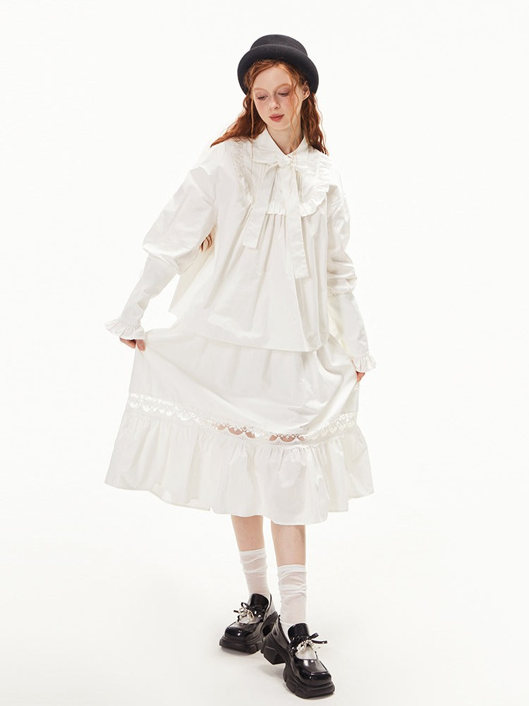 Ruffled Ribbon Shirt &amp; Splicing Lace Skirt【s0000003552】