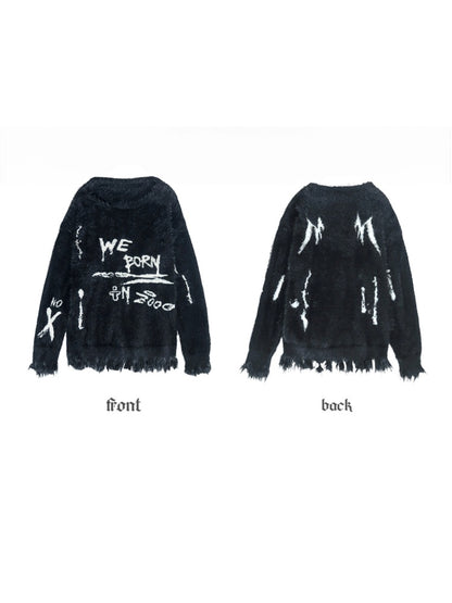 Punk Graffiti Jacquard Mink Lazy Pullover Sweater Black [s0000003881]