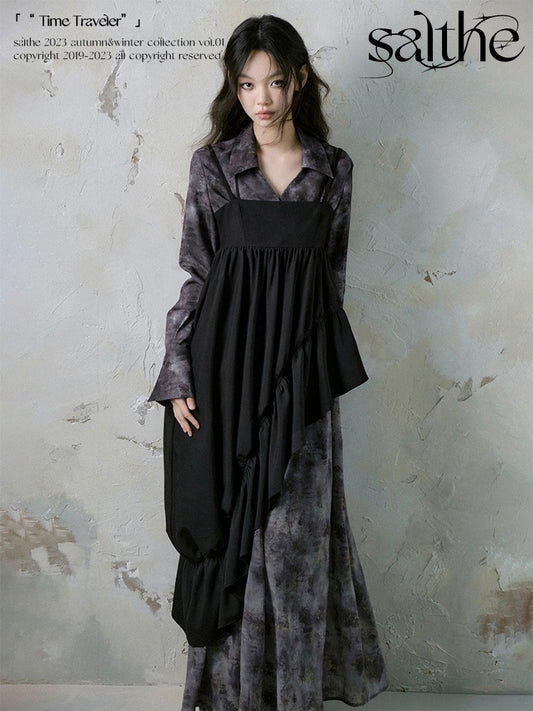 Contrasting Ruffled Patchwork Suspender Drape Dress【s0000004370】