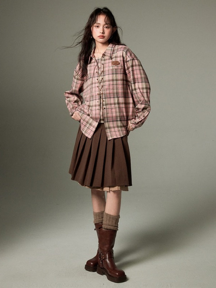 Casual Lace-Up Strap Retro Plaid Loose Shirt【s0000003198】