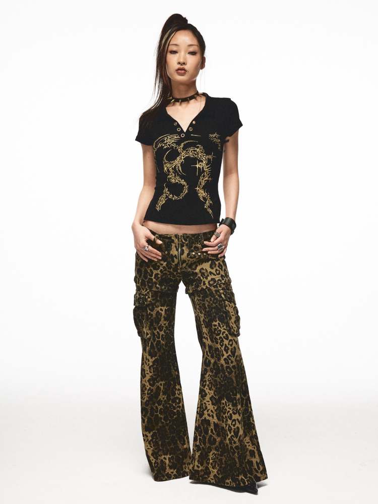 Back Open Gold Print Ribbon T-Shirt [S0000009013]