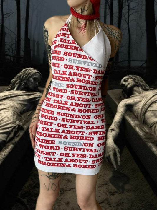 Crime Parody Print Halter Neck Strap Backless Dress【s0000008568】