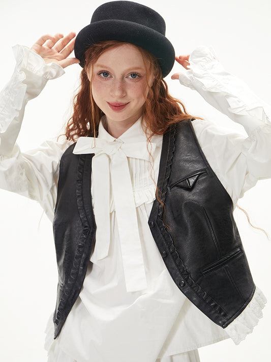 Ruffle Lace V-Neck PU Leather Vest [s0000003546]