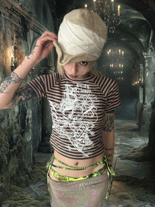 "Confused Captain" Print Striped Short Sleeve T-Shirt【s0000008570】