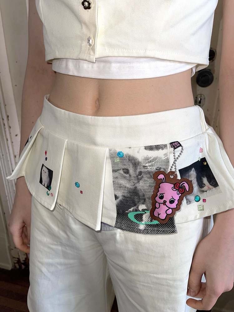 Cute Kitten Print Plented Mini Skirt [S0000009032]