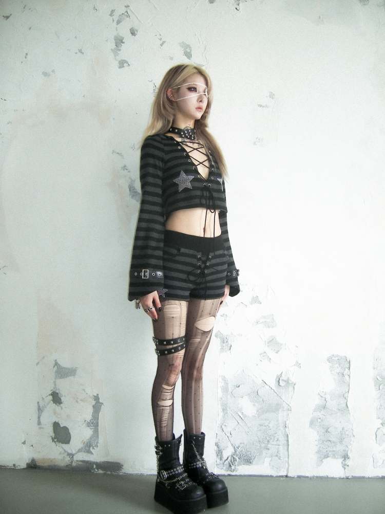 Cat Ears Border Lace Up Hoodie &amp; Short Pants【s0000007895】